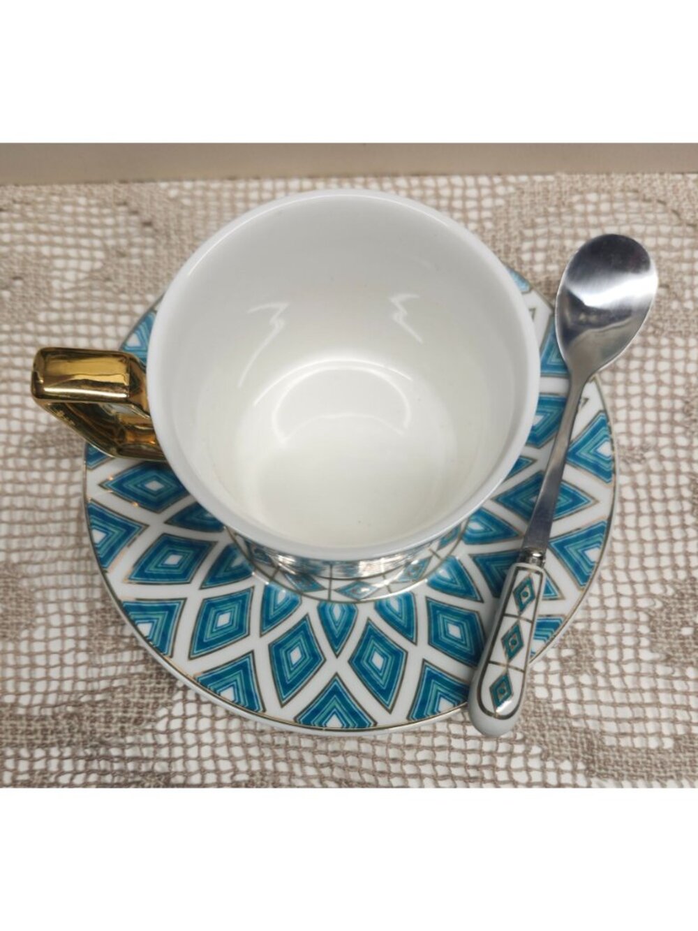 Porcelain Tea Cup Saucer & Spoon Set Teal Blue Geometric Pattern Gold Handle 3 p - Picture 2 of 7